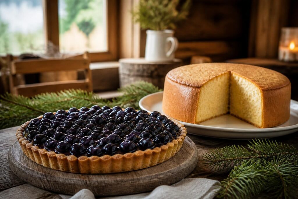 découvrez nos desserts de montagne incontournables : une délicieuse tarte aux myrtilles fraîches et un moelleux gâteau de savoie, parfaits pour réchauffer vos journées.