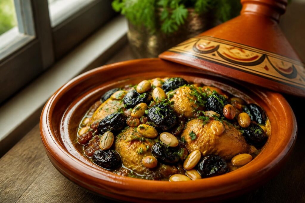 découvrez la recette du tajine de poulet aux pruneaux marocain, délicieusement parfumé avec des amandes et des raisins secs, pour un plat sucré-salé traditionnel et savoureux.