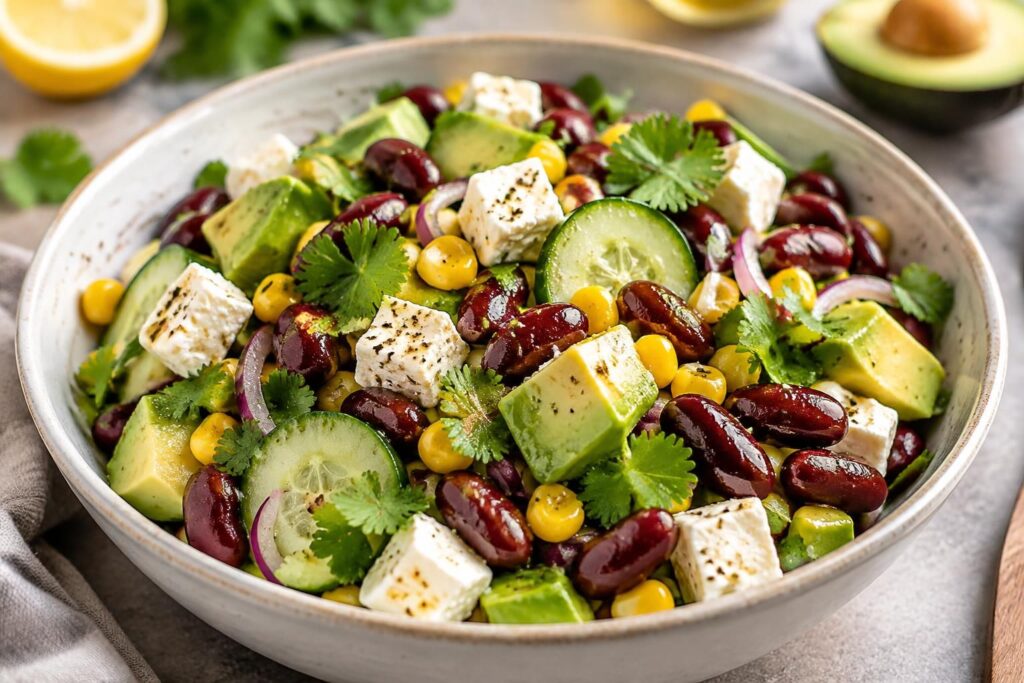 découvrez une salade de haricots rouges et feta fraîche et savoureuse, agrémentée d’avocat, de concombre et de maïs. idéale pour un repas léger et coloré !